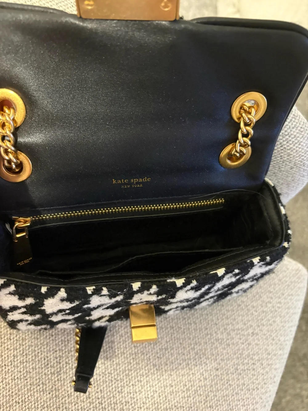 kate spade Black & White Houndstooth Chain Shoulder Bag with Gold Hardware
